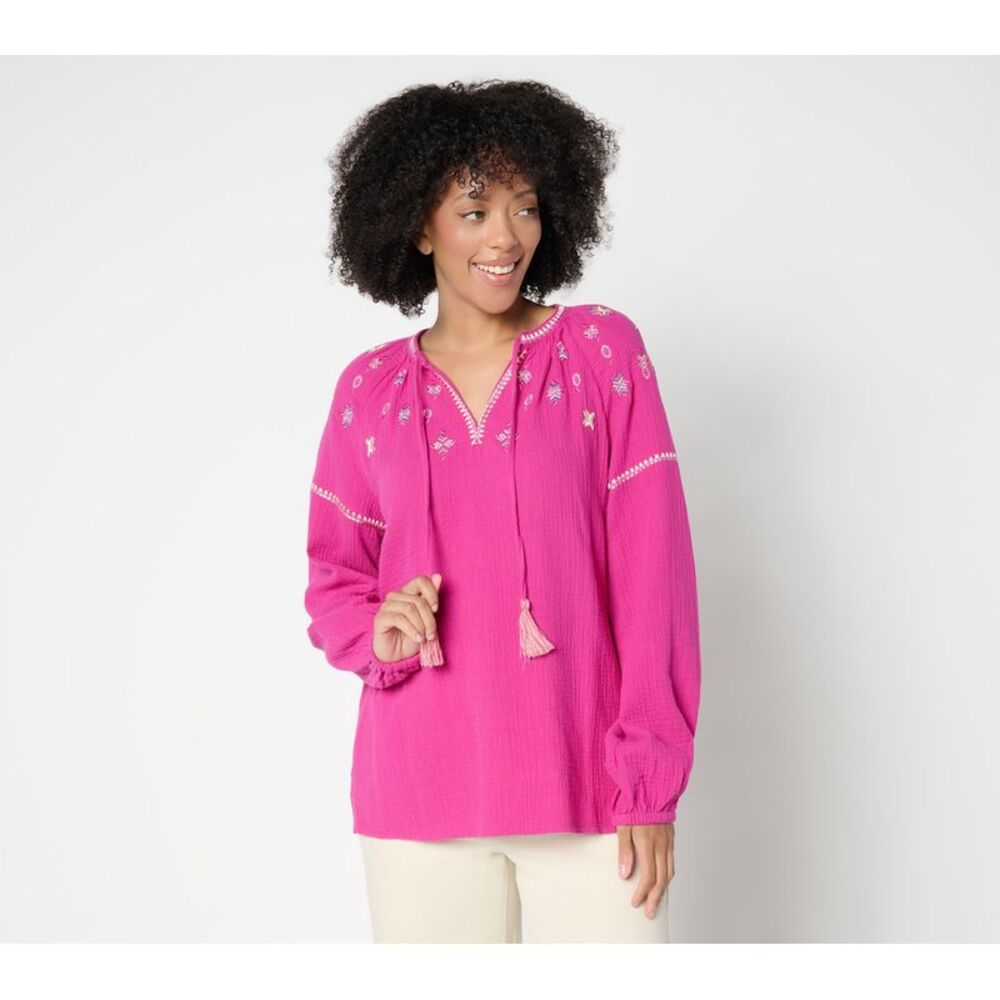 Christy Women's Top Sz L Summer Sunset Cotton Gauze Tassel Pink A691532